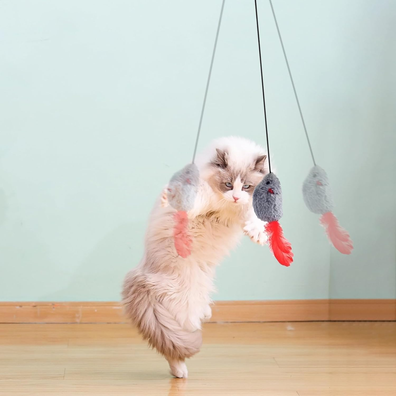 AOUZOVLI 4 Pieces Cat Toy Interactive Mouse Teaser Wand Hanging Door Frame with Squeaky Sound Realistic Mouse Design Feather Tail for Cat Run (Grey) image number 2
