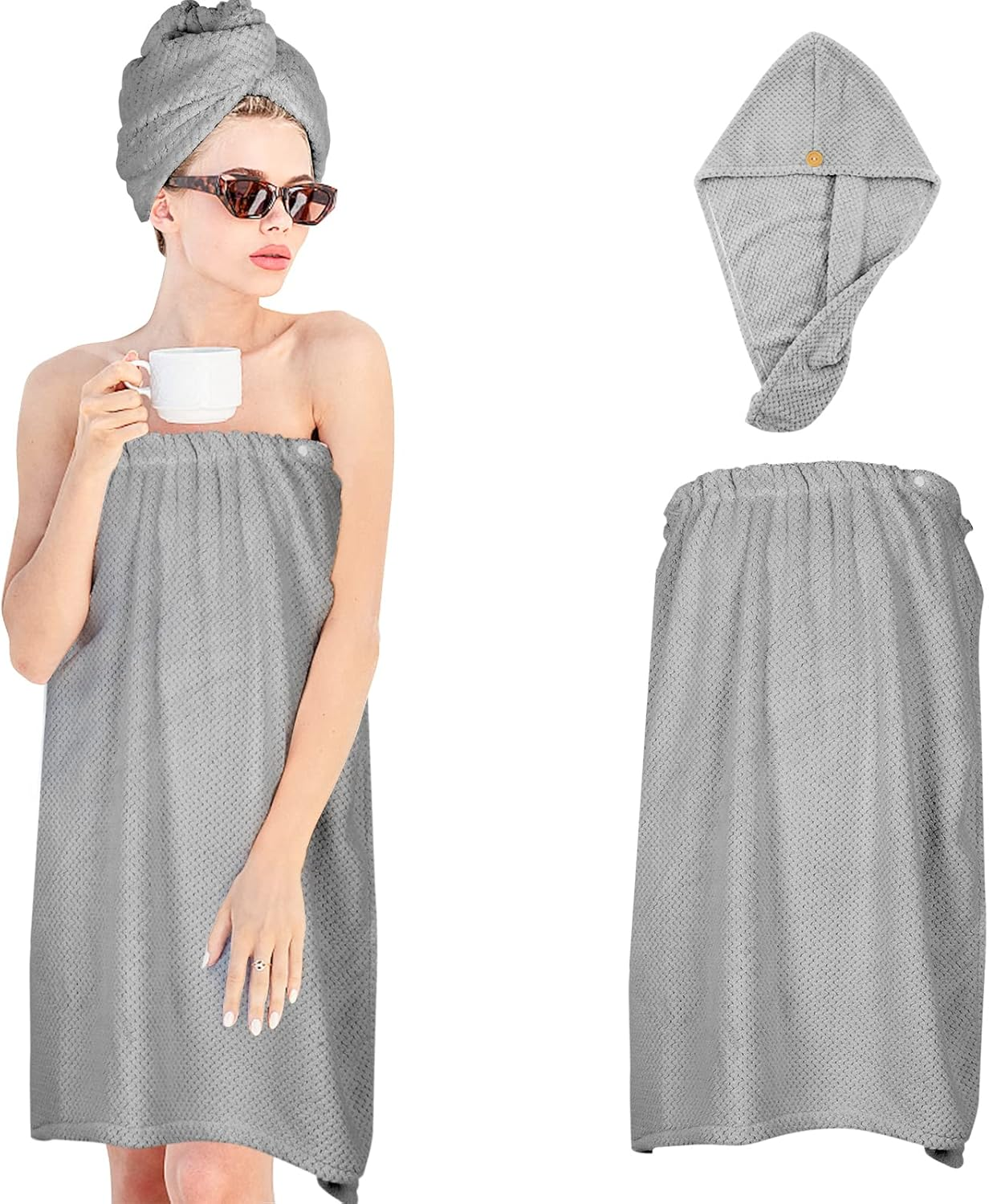 Women Microfiber Bath Wrap Towel and Hair Drying Towel - Adjustable Soft Body Wraps Dress with Hair Towel, Super Absorbent to Quick Drying Hair and Body (Pink)