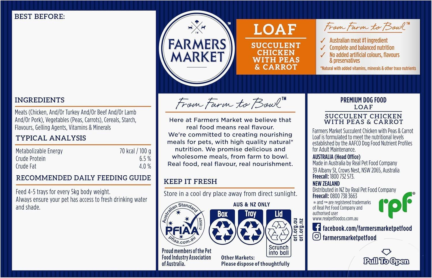 Farmer'S Market Succulent Chicken with Peas & Carrot Adult Wet Dog Food 6X100G - Hearty Loaf with Real Food & Flavour, Made with Australian Meat Loaf for Complete & Balanced Nutrition image number 1