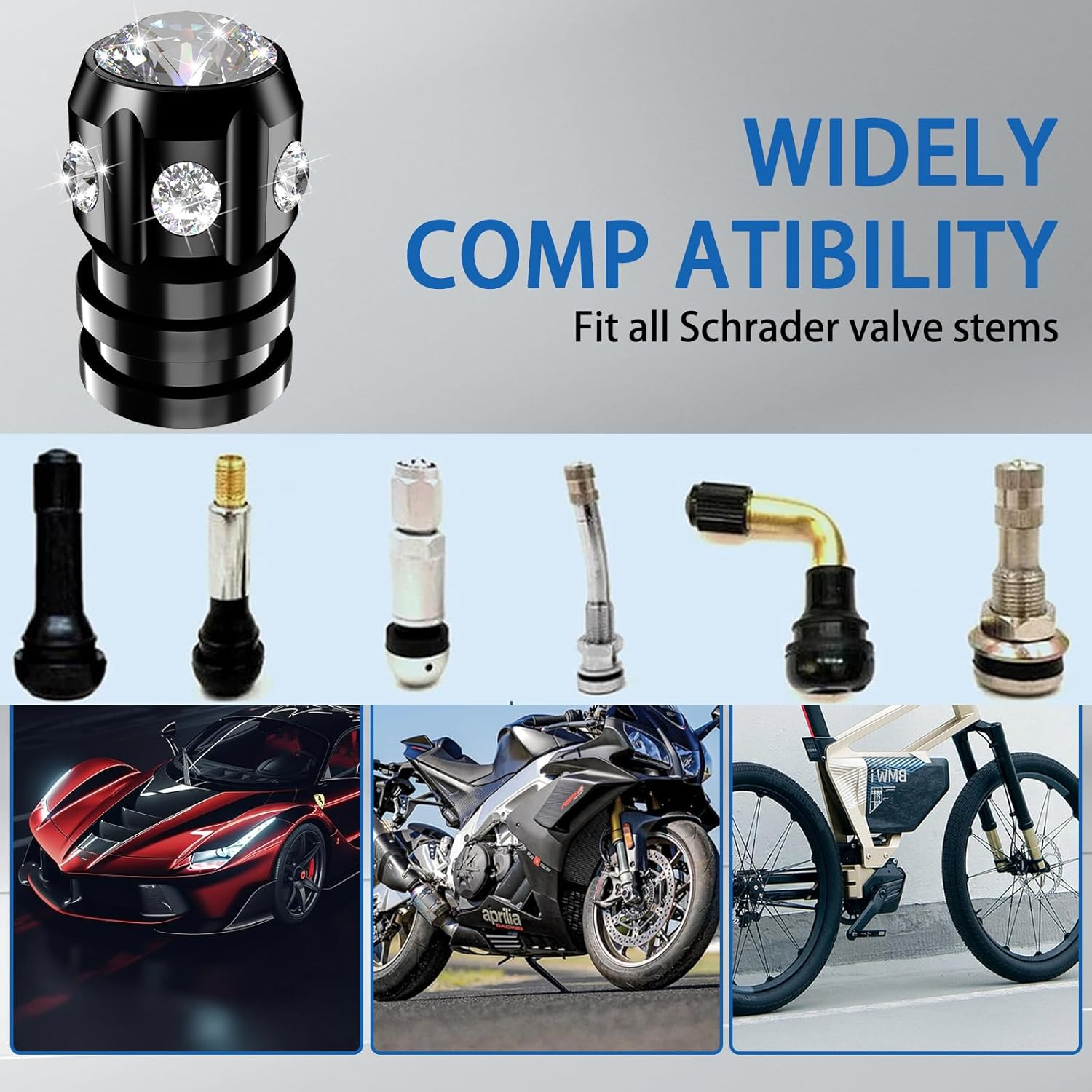 QUARKACE Tire Valve Caps, Bling Valve Stem Caps with Sparkly Rhinestones, Tire Caps 4 Pack for Cars Suvs Trucks Motorcycles Bikes, Anti-Fading Coating, Corrosion Resistant, Air Leakproof - Black image number 6