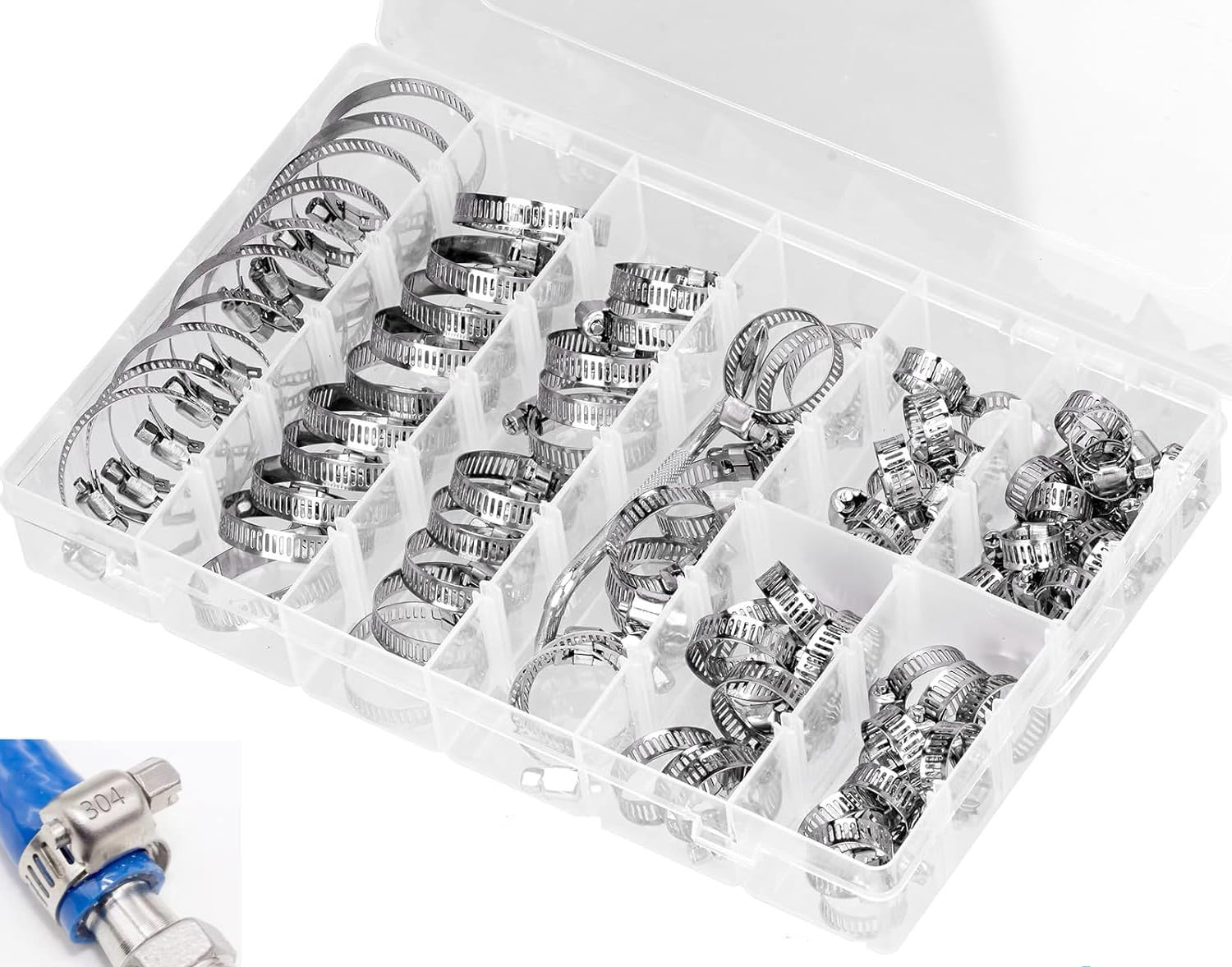 60 Piece All-Inclusive Hose Clamp Combo Kit,1/4 Inch - 1 Inch 304 Stainless Steel Hose Clamps Assortment,(8-38Mm) for Secure Pipe and Hose Connections PEX Clamp Rings image number 6