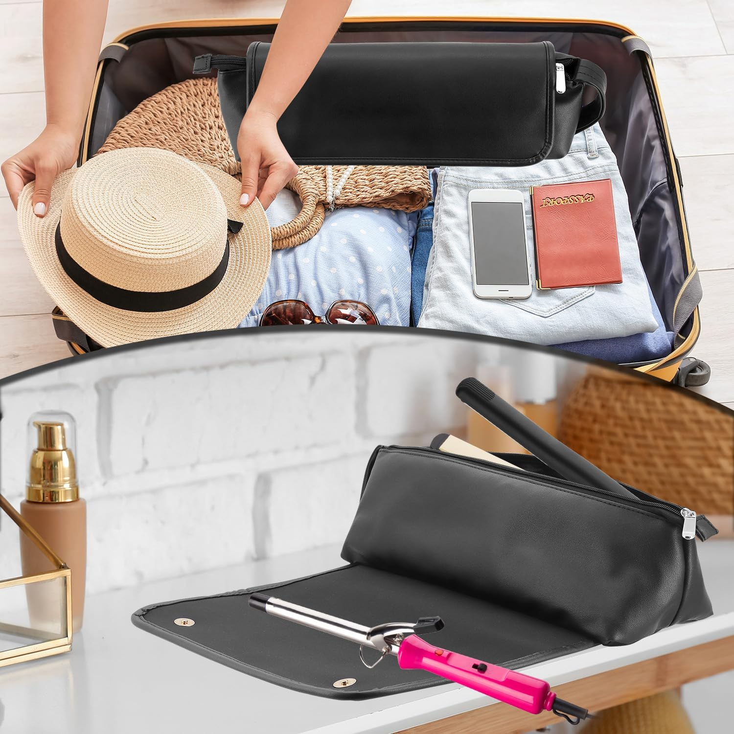 Buwico Travel Hair Tools Bag, Hair Tools Travel Case and Heat Resistant Mat for Flat Irons, Curling Iron, Haircare Accessories, 2-In-1 Design Curling Iron Travel Bag for Dyson Airstrait (Black) image number 2