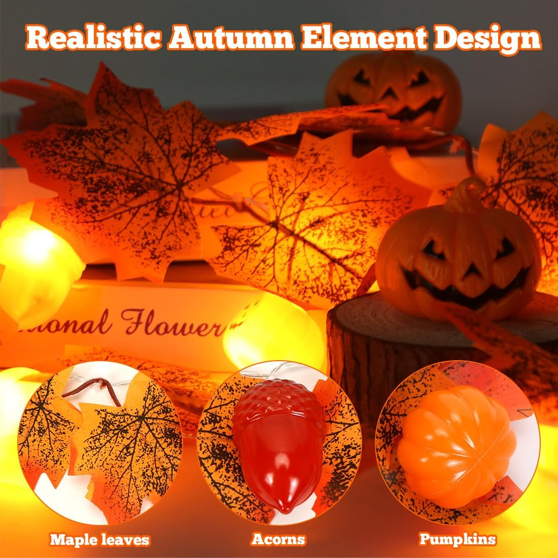 Autumn Fairy Lights, 1.5 M, 10 LED Maple Leaves Acorns Fairy Light, Fairy Lights, Battery for Decorating Windows, Doors, Tables, Autumn Decoration, Thanksgiving, Halloween, Christmas Decoration