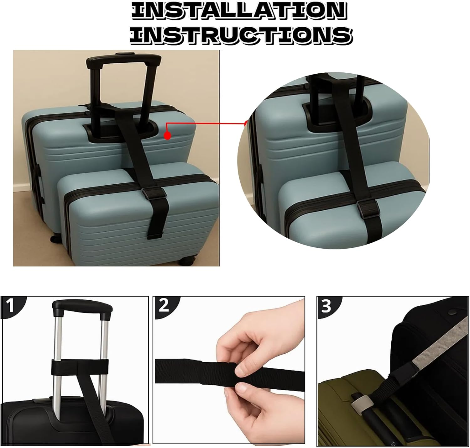 Pack of 4 Black Luggage Straps, Elastic Suitcase Strap, Adjustable Buckle Strap, Suitcase Strap for Safely Packing and Organising Travel Bags, Suitcases, Luggage Strap (3 X 50-200 Cm) image number 2