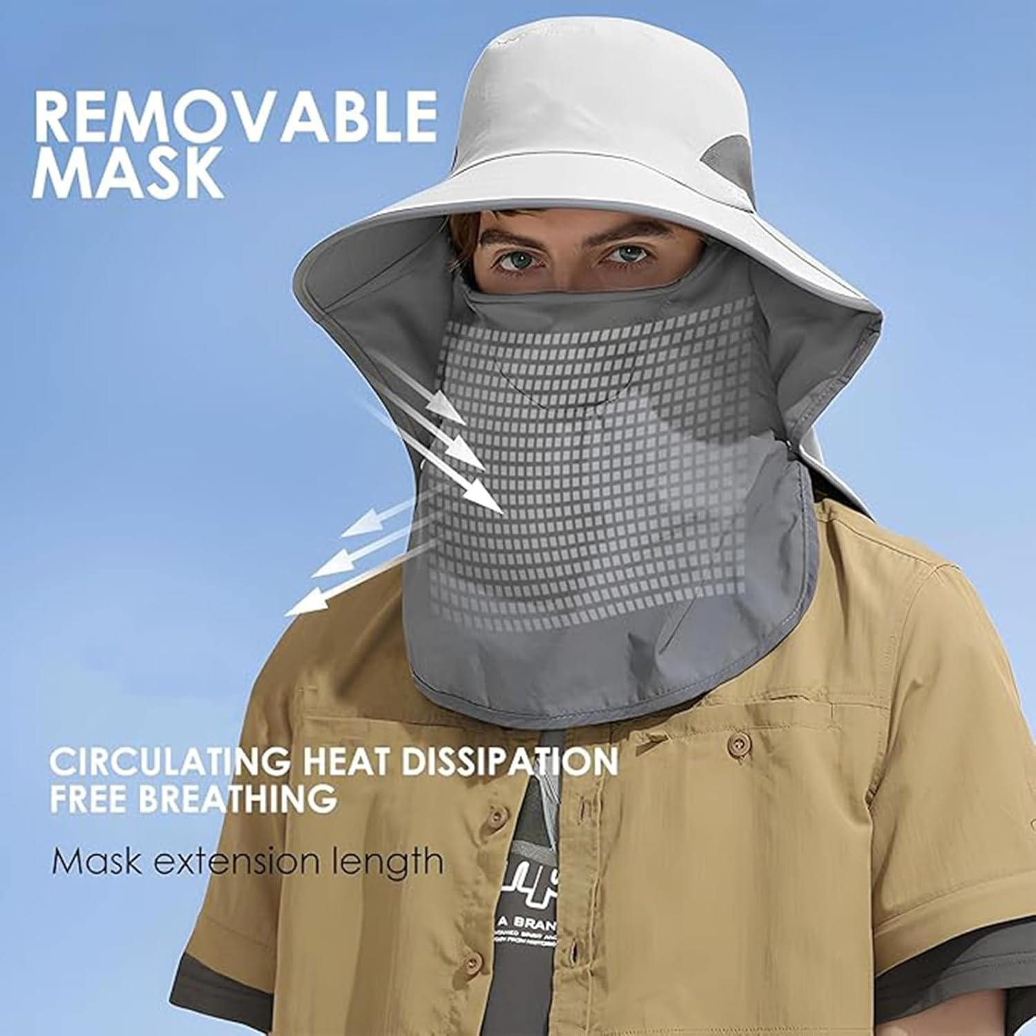 Outdoor Sun Hat Detachable Neck Face Flap UPF 50+UV Protection Visor Fishing Hats with Neck Flap for Men & Women Light Gray image number 1