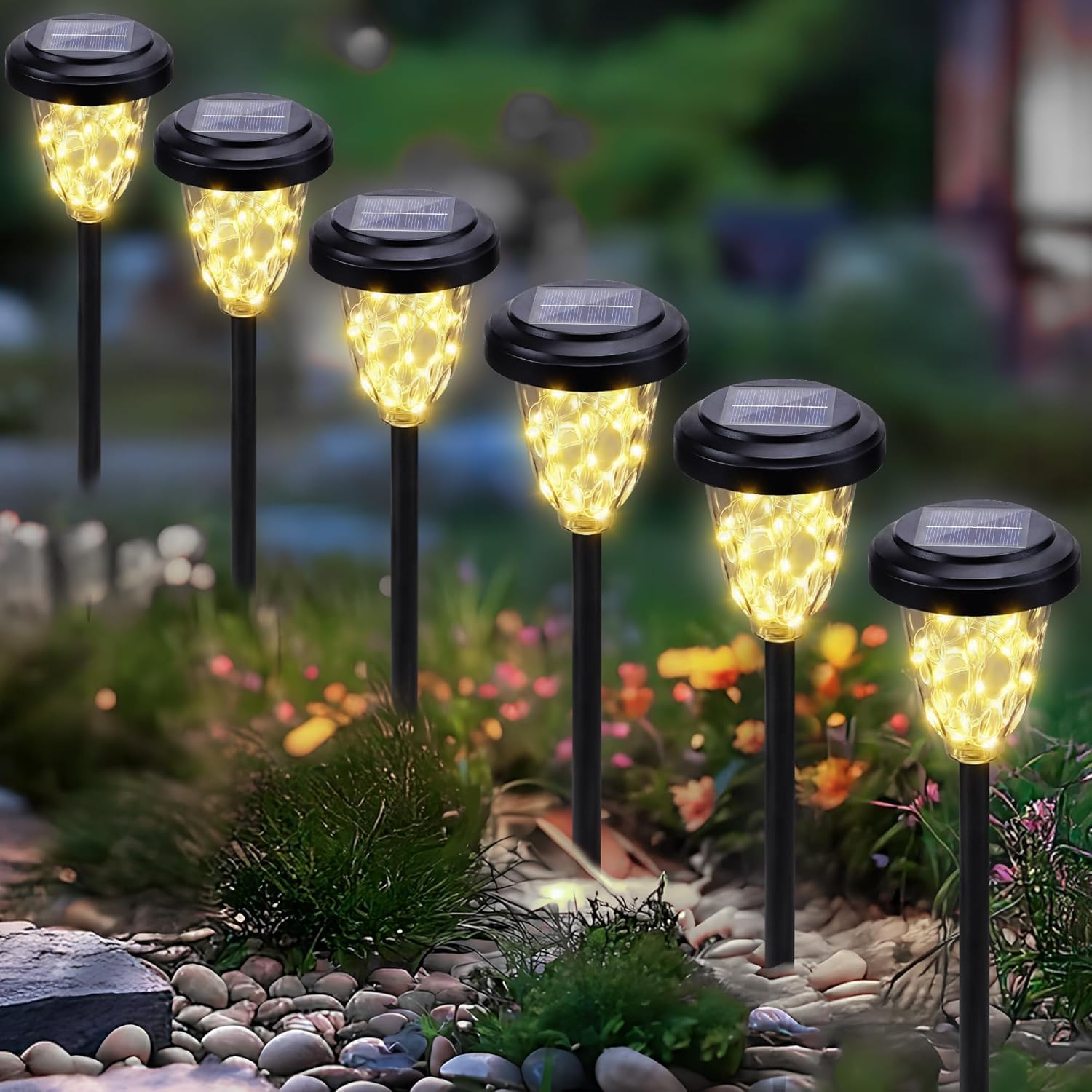 Solar Pathway Lights Outdoor, 6 Pack 30 LED Solar Lights Outdoor Waterproof, Solar Powered Landscape Lights with 2 Modes for Garden Yard Path Walkway Driveway Patio outside Decoration - Warm White image number 3
