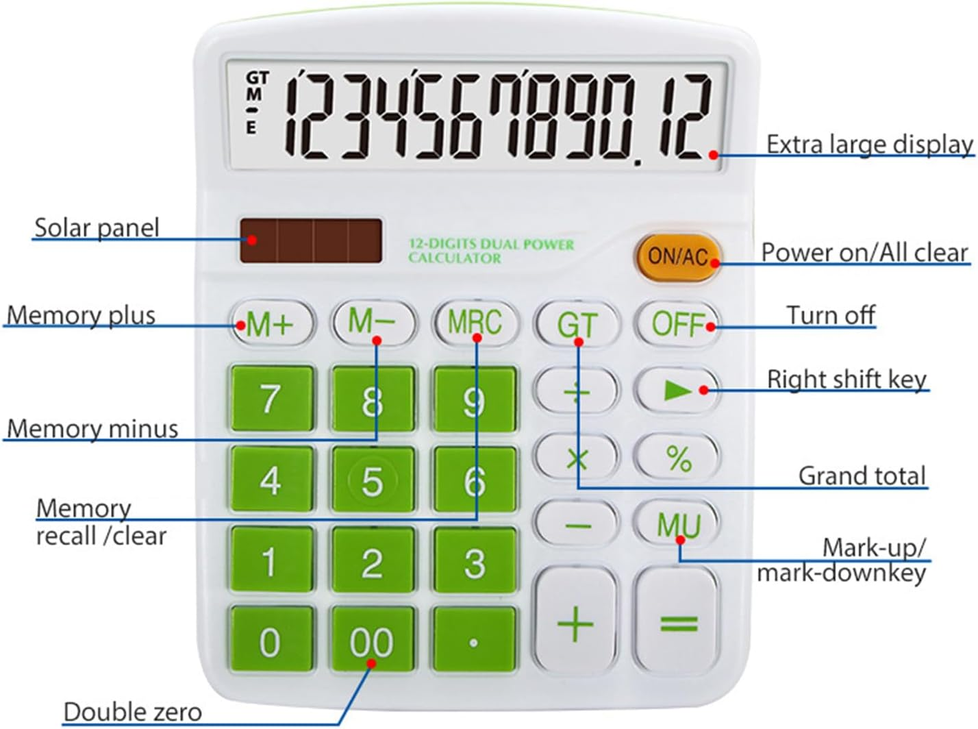 Meichoon Calculator Desktop Solar Battery Dual Power, 12 Digit Large LCD Display Financial Dedicated Calculator Large Standard Function Desktop Business Calculator for Office/Home/School KA08 Green