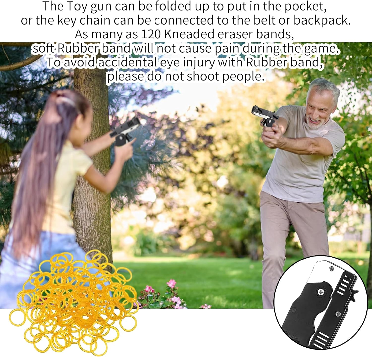 2Pcs Rubber Band Gun,Elastic Band Gun with 120 Pcs Soft Elastic Rubber Bands Metal Folding Rubber Launcher Toy Keychain for Teens Adults Shooting Outdoor Indoor Activities Game(Black) image number 1