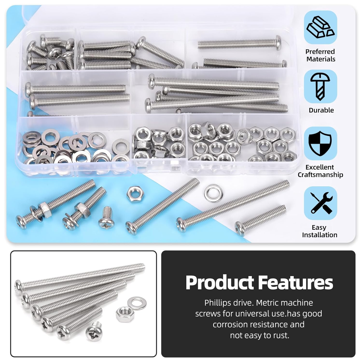 Glarks 114Pcs M6 X 10/30/50/60/70/80Mm Pan Head Phillips Machine Screws Set, 304 Stainless Steel, Fully Thread, Silver Cross Head Screws Bolts with Nuts and Washers for Cabinet Drawer Knob Pull Handle image number 3
