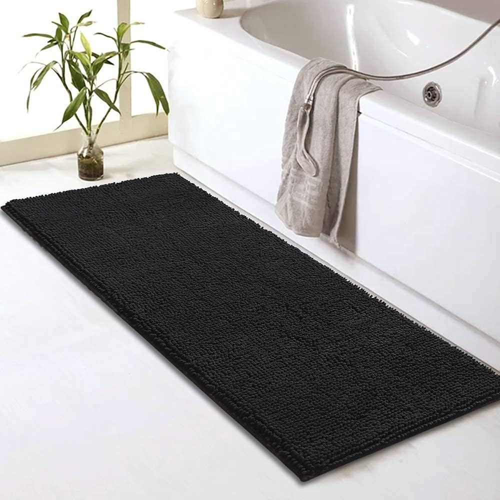 Bathroom Rug Mat Non Slip Black Extra Long Bath Mat for Bathroom Floor - Fluffy Soft, Ultra Absorbent and Machine Washable Striped Chenille Noodle Bath Runners Rugs for Bathroom (59" X 20", Black)
