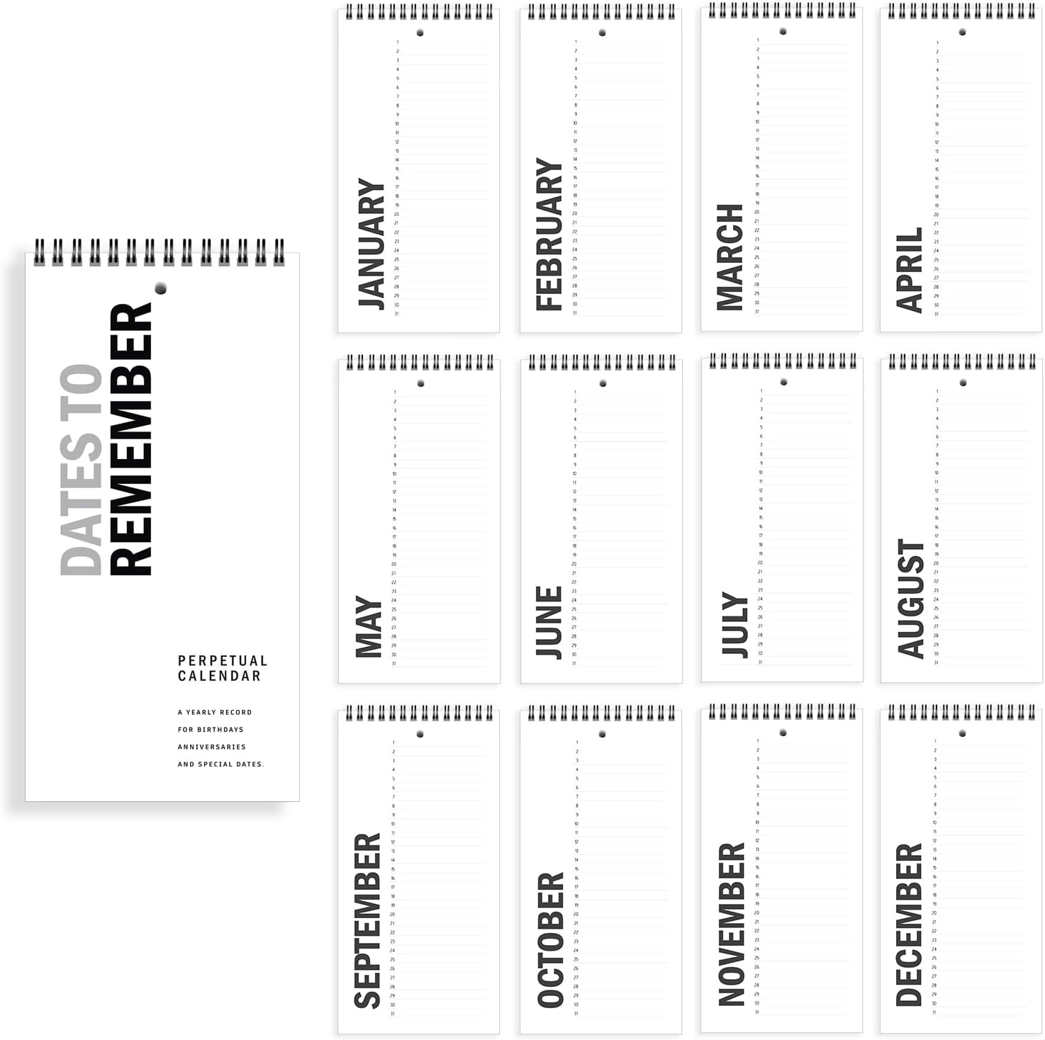 V2Croft Perpetual Calendar, 5" X 10" Minimalist Special Event Reminder Calendar Book, Sprial Monthly and Daily Wall Hanging Organizer for Important Dates, Birthdays, Anniversaries (White)