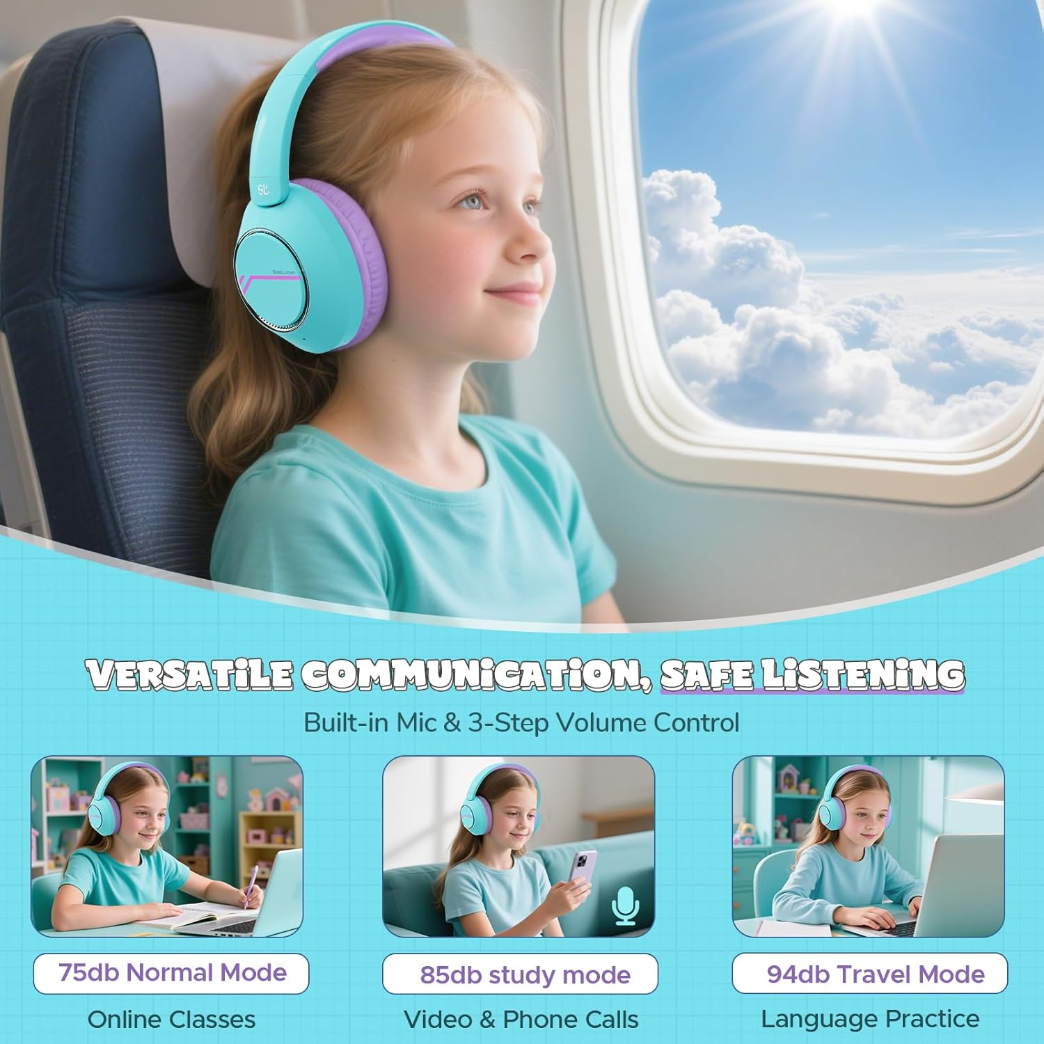 Steellumen Children'S Active Noise Cancelling Bluetooth Headphones, 74/85/94 Dba Safe Volume, Bluetooth 5.3, Comfortable Children'S Headphones Wireless for Air Travel image number 6