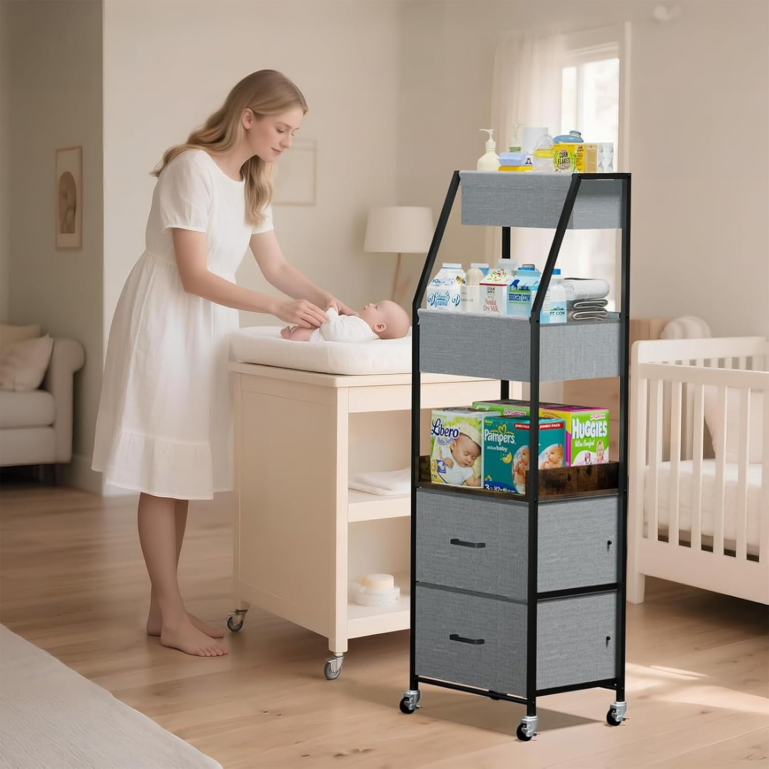 Baby Diaper Caddy Organizer and Storage - 5 Tier Rolling Cart with Dividers and Drawers, Mobile Utility Cart with Wheels for Nursery, Bedroom, Changing Table & Crib, Grey image number 6