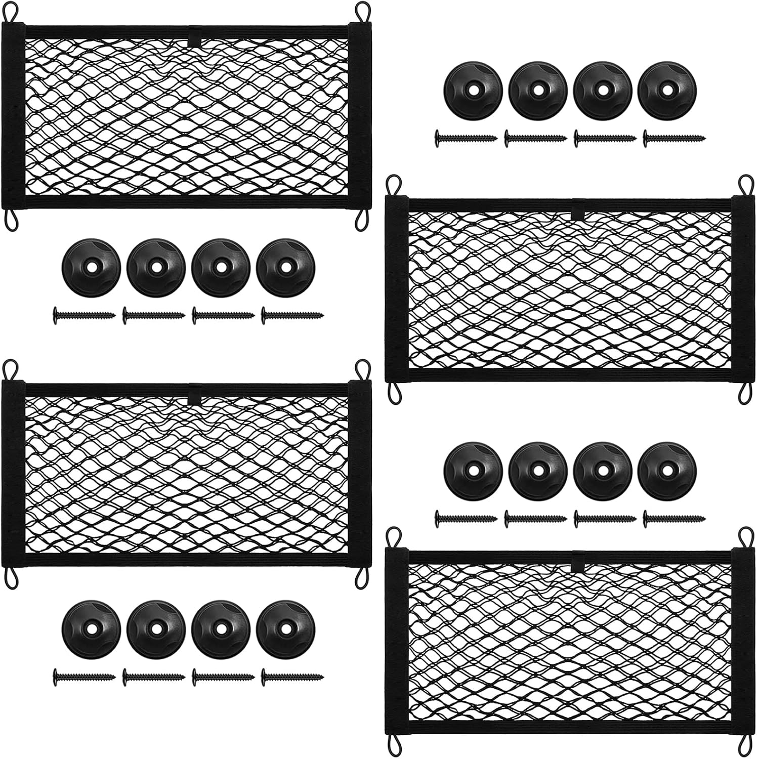 4 Pack Small Cargo Net, 17.7X9.8'' DEDC Large Storage Nets for Campervans, Double Layer Elastic Cargo Nets for RV, Boats with Mounting Screws, Hooks, Trunk Storage Net for SUV