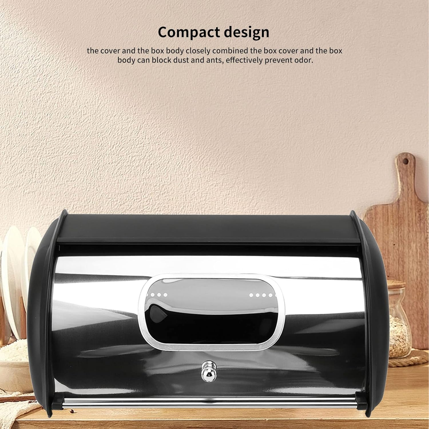 Metal Bread Box for Kitchen Countertop, Bread Box Storage Bin with Small Window, 13.6 X 9.1X 5.7In Iron Bread Storage Container with Roll up Top Lid, for Homemade Cake Buns (Black) image number 1