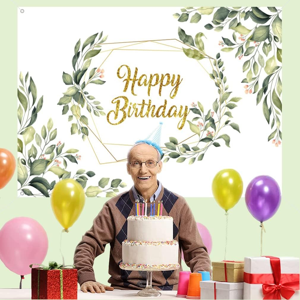 Happy Birthday Backdrop Gold Eucalyptus Greenery Leaves Birthday Banner Birthday Decorations Happy Birthday Photobooth Props for Birthday Party Supplies for Women 150Cm X 90Cm image number 3