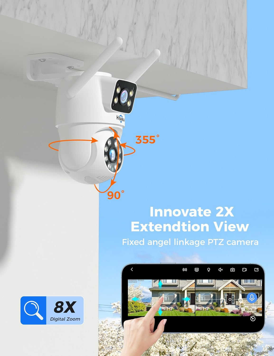 Hiseeu Wireless Security Camera Dual Lens 5G/2.4G Wifi PTZ Camera Outdoor IP65 Waterproof Motion Tracking,Color Night Version, Plug-In Cable, No-Monthly Fees Works with Wireless Camera System image number 6