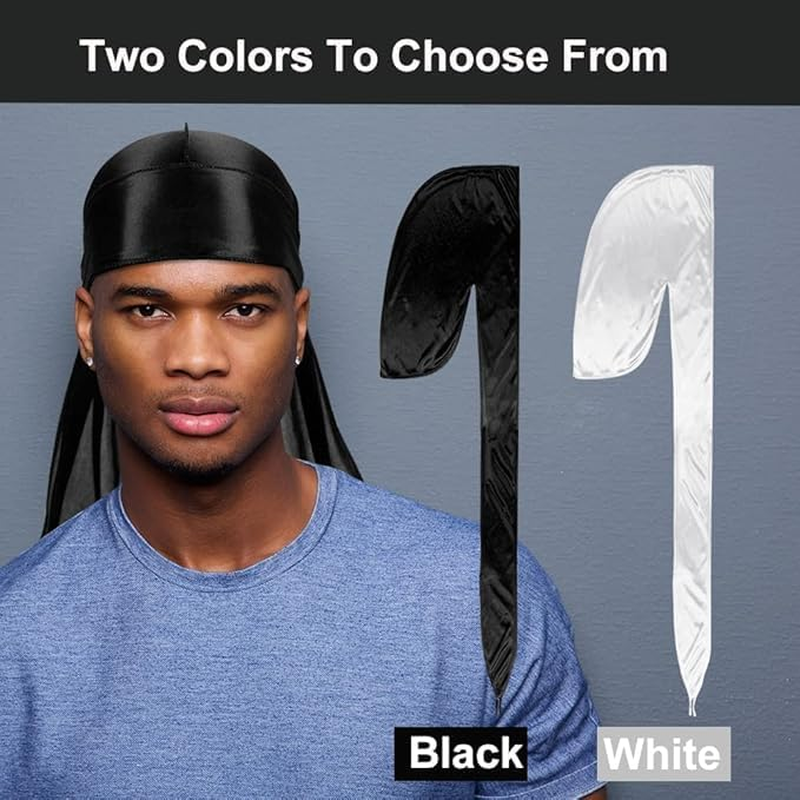 2 Pcs Silky Men Durag, Pack Durags Do Rags with Long Tail and Wide Straps for Men Women Head Wrap