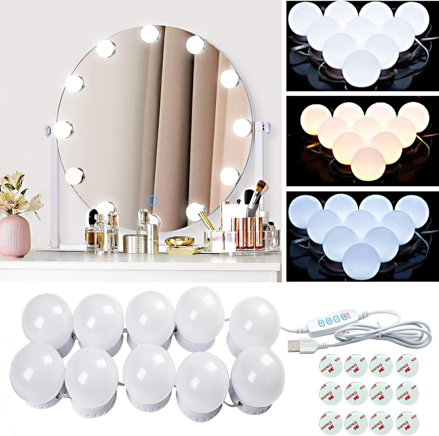 Vanity Mirror Lights，Hollywood Makeup Light with 10 Dimmable Led Bulbs, 5M 3 Light Modes with USB Cable Vanity Lights for Mirror image number 2
