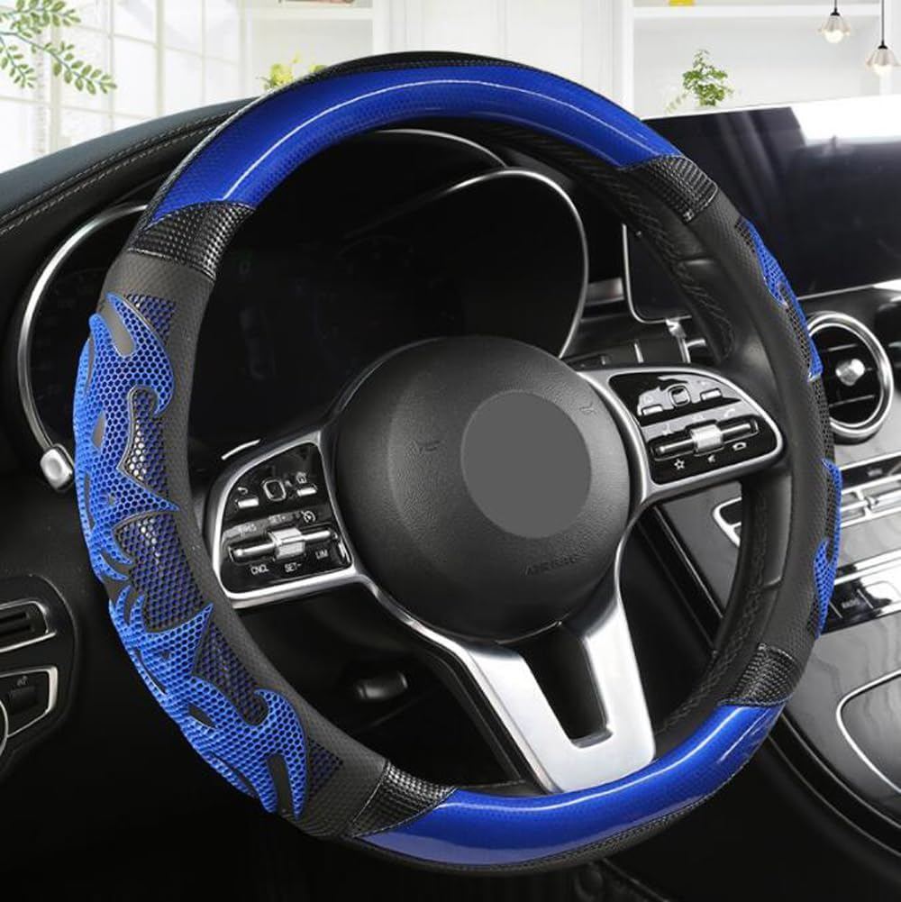 GZE Honeycomb Steering Wheel Cover Carbon Fiber Leather Breathable Wear-Resistant 15 Inch Four Seasons Universal Car Steering Wheel Covers (Blue)