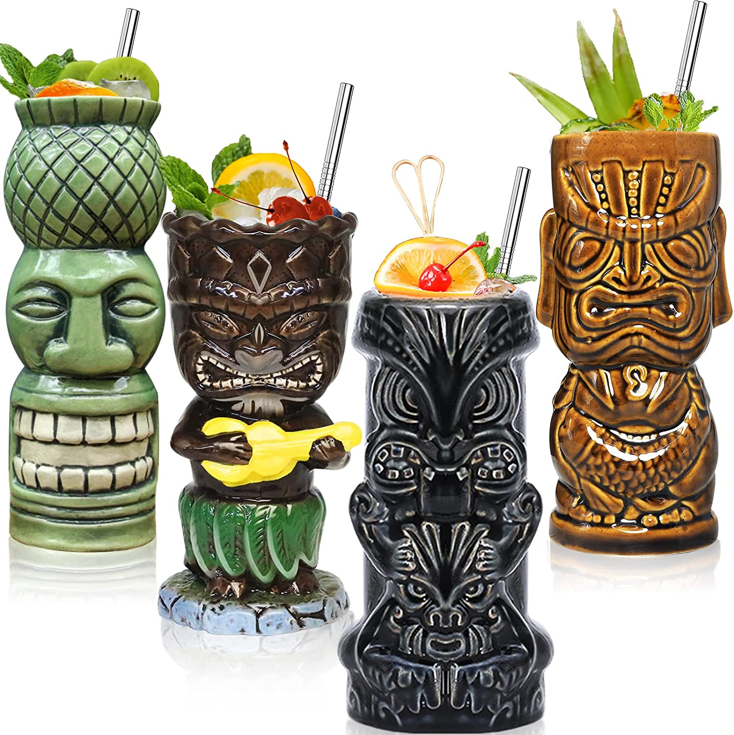 Tiki Glasses for Cocktails Tiki Mugs Set of 4 Ceramic Party Cups Bar Decor Creative Large Hawaiian Drinking Decorations Vintage Tropical Drinkware Barware 4 Packs image number 5