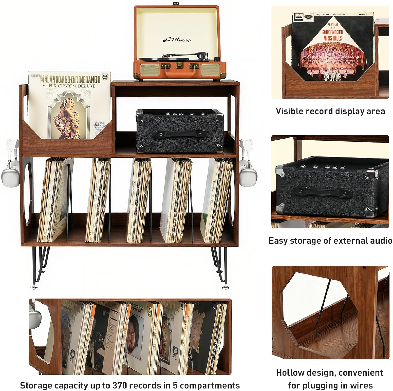 Large Record Player Stand, Vinyl Record with Storage, 2 Tier Record Player Cabinet for up to 370 Albums Turntable Stand with Vinyl Display Area and Metal Legs for Music Room Living Room - Walnut Brown image number 6