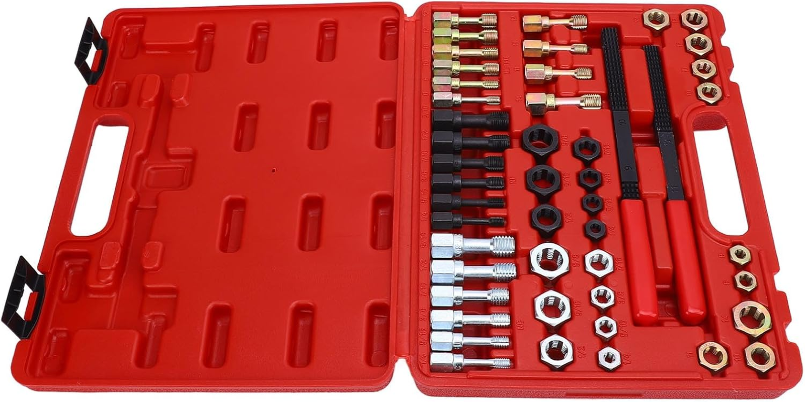Thread Chaser Set 48Pcs Thread Repair Kit,Unc/Unf/Metric Thread Restoring Files Tap and Die Kit,With 24 Rethreading Dies,22 Rethreading Taps,2 SAE Thread Files Thread Restorer,For Most Metals image number 1