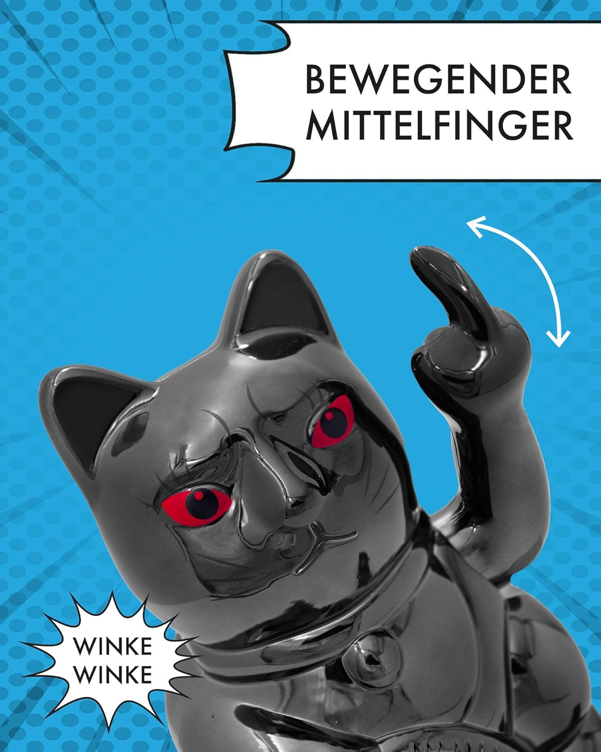 ANGRY CAT - Lucky Cat - Funny Waving Cat - Japanese Waving Cat with Stink Finger - Decorative Wobble Figure Cat - Waving Arm with Middle Finger - 15 Cm, Black Shiny