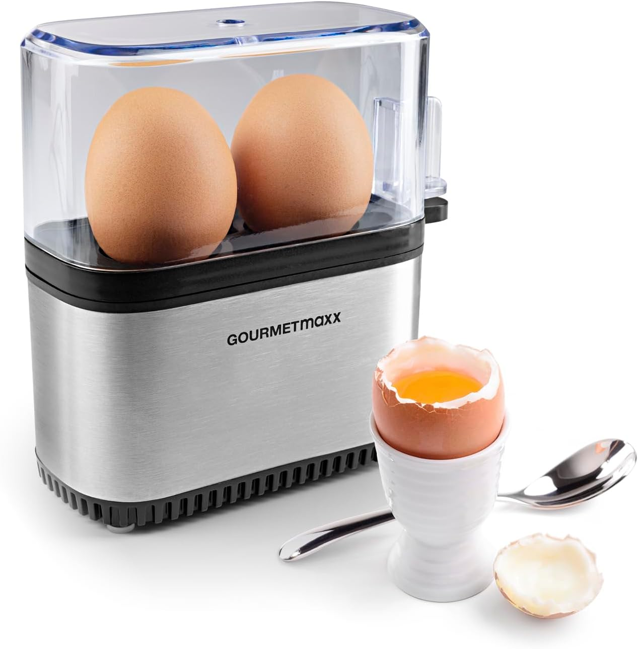 Gourmetmaxx Design Egg Cooker for 2 Eggs, with Egg Picker, Measuring Cup and Signal Sound, Compact Egg Cooker, 3 Degrees of Hardness, Easy Cleaning and Dishwasher Safe Parts
