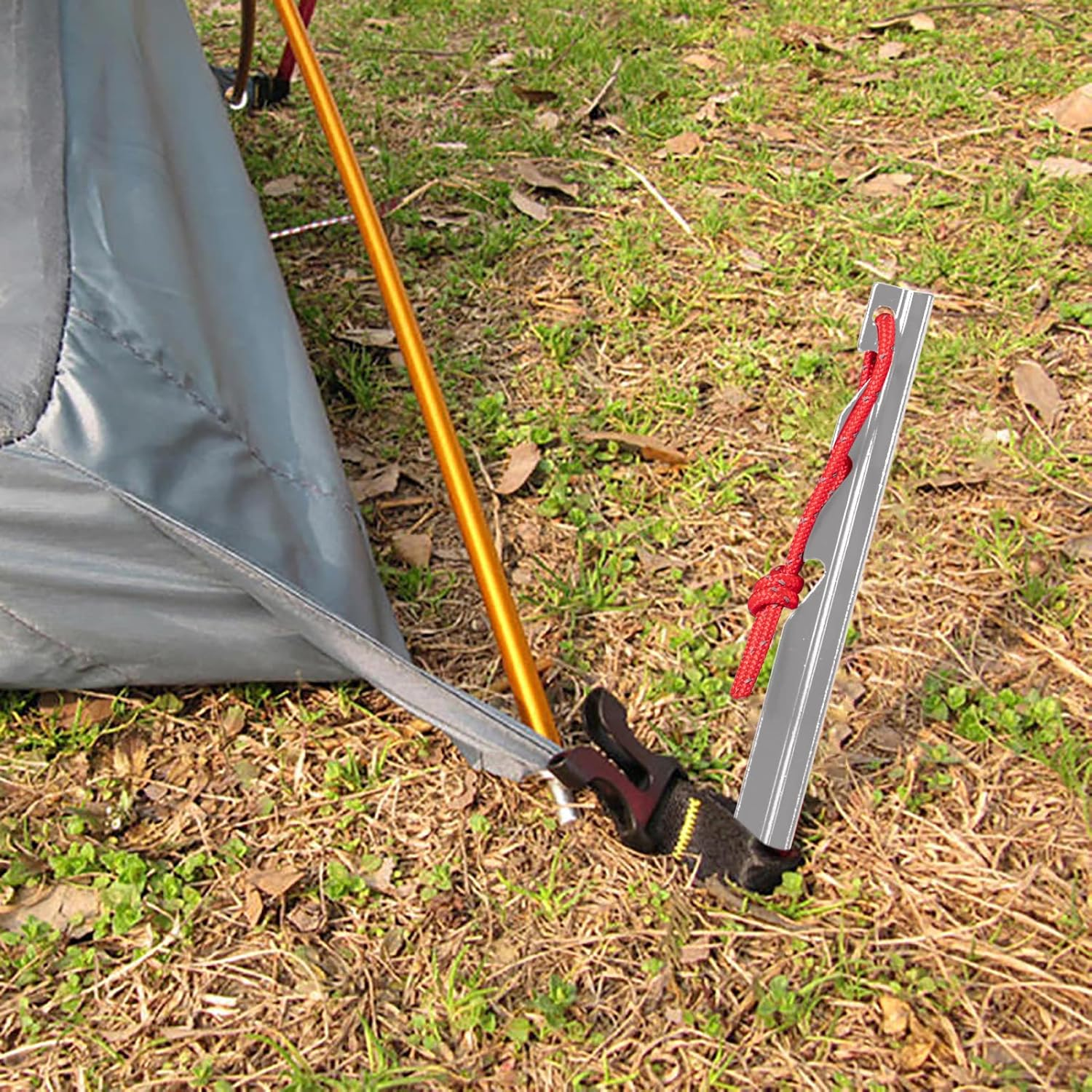 12 Pieces Tent Pegs, Triangular Sawtooth Heavy Duty Tent Pegs Aluminium Alloy Red Camping Tent Stake Nail with Reflective Rope for Camping, Outdoor, Beach, and Hiking, Silver (PGUK043K-18-N) image number 2