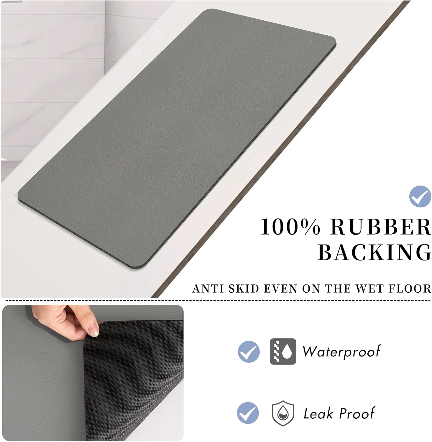 Bath Mat, Bathroom Rugs Super Absorbent Shower Mats Quick Dry Non Slip, Shower Rug for Bathtub Thin Rubber Mats for Bathroom Floor, Bathtub, Shower(Light Grey, 40 X 60 Cm)