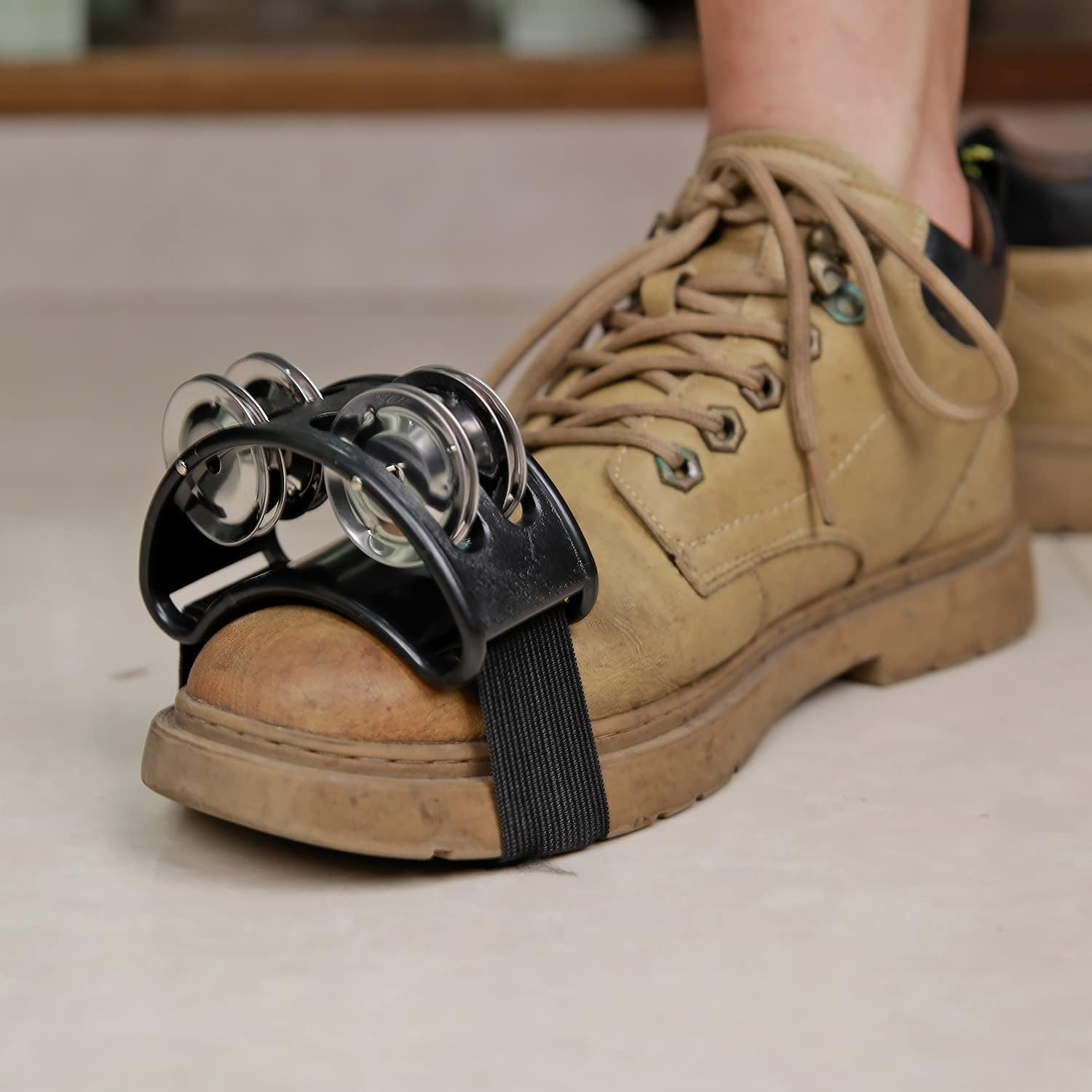 2 Set Foot Tambourine Shaker & Rhythm Finger Shaker with Elastic Strap, Percussion Musical Instrument Set for Ukulele Guitar Drum Mandolin Banjo Playing (Black) image number 3