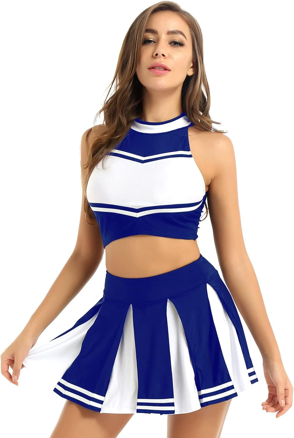 Aislor 2Pcs Womens Cheer Leader Costume Schoolgirls Uniform Outfit Crop Top with Pleated Mini Skirt