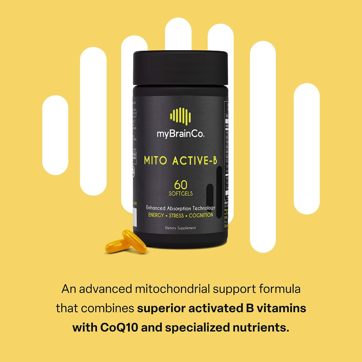 Mybrainco Active-B Complex Supplement - High Strength Activated Vitamin B Complex - Potent B2, B6, B12 Vitamins and Methyl-Folate Supplement to Support Cellular Energy and Cognition (60 Vege-Capsules) image number 1