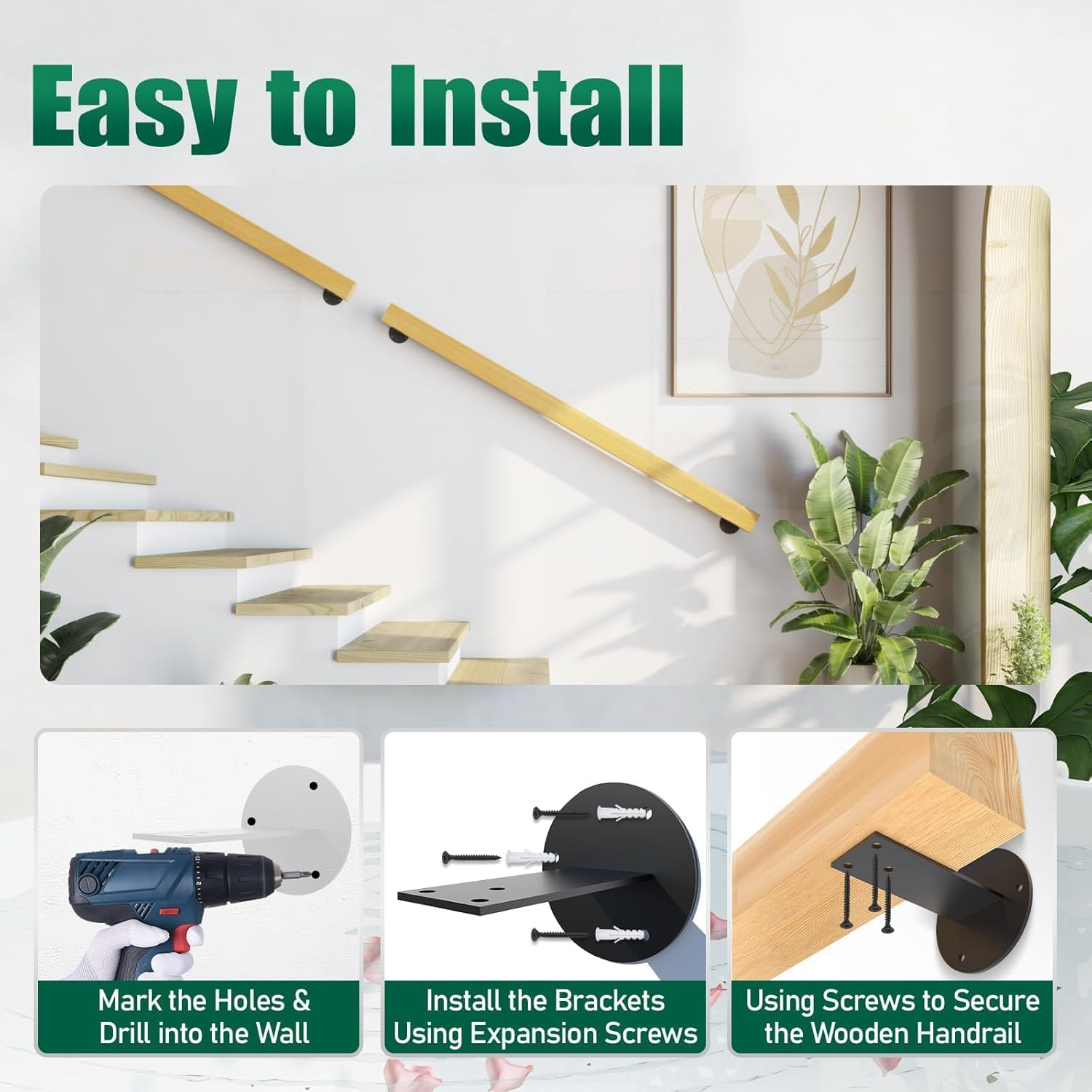 Wooden Handrail Indoor Stair Outdoor Wood Staircase Stairway Banister Safety Railing Kit Bracket Bar Elderly Step Basement Porch Grab Interior Exterior Wall Mount Hardware RV Mobile Home Metal Post image number 6