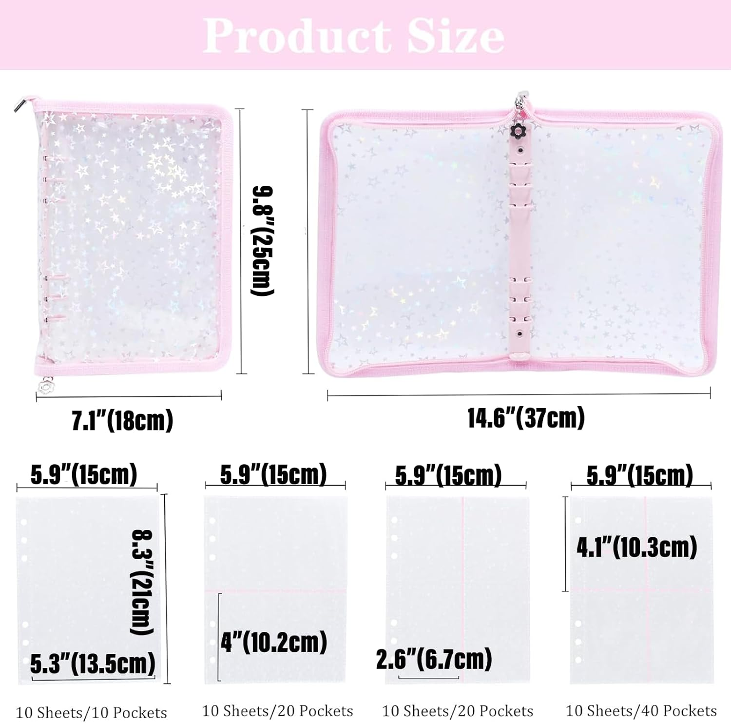 Transparent Zipper Sticker Storage Organizer Binder Album, 90 Pockets for Jewelry, Scrapbook & Collecting Stickers (Pink) - Blue image number 3