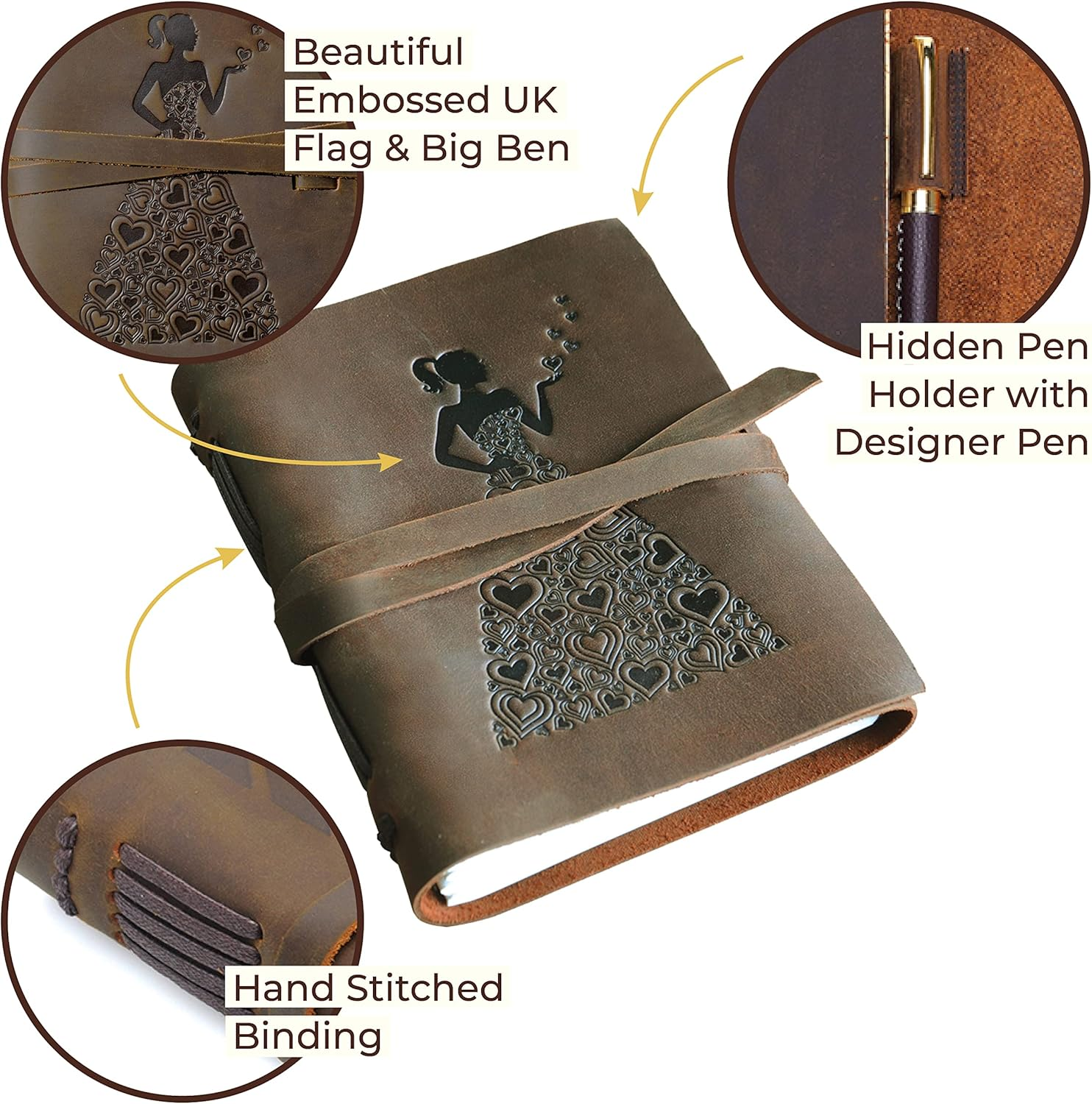Genuine Leather Journal for Women to Write in | Travel Gift Notebook for Girls | Lady in Heart Dress of Hearts A5 Handmade Travel Diary | Antique Soft Vintage Writing Notebook 6X8 Unlined Paper + Pen image number 6