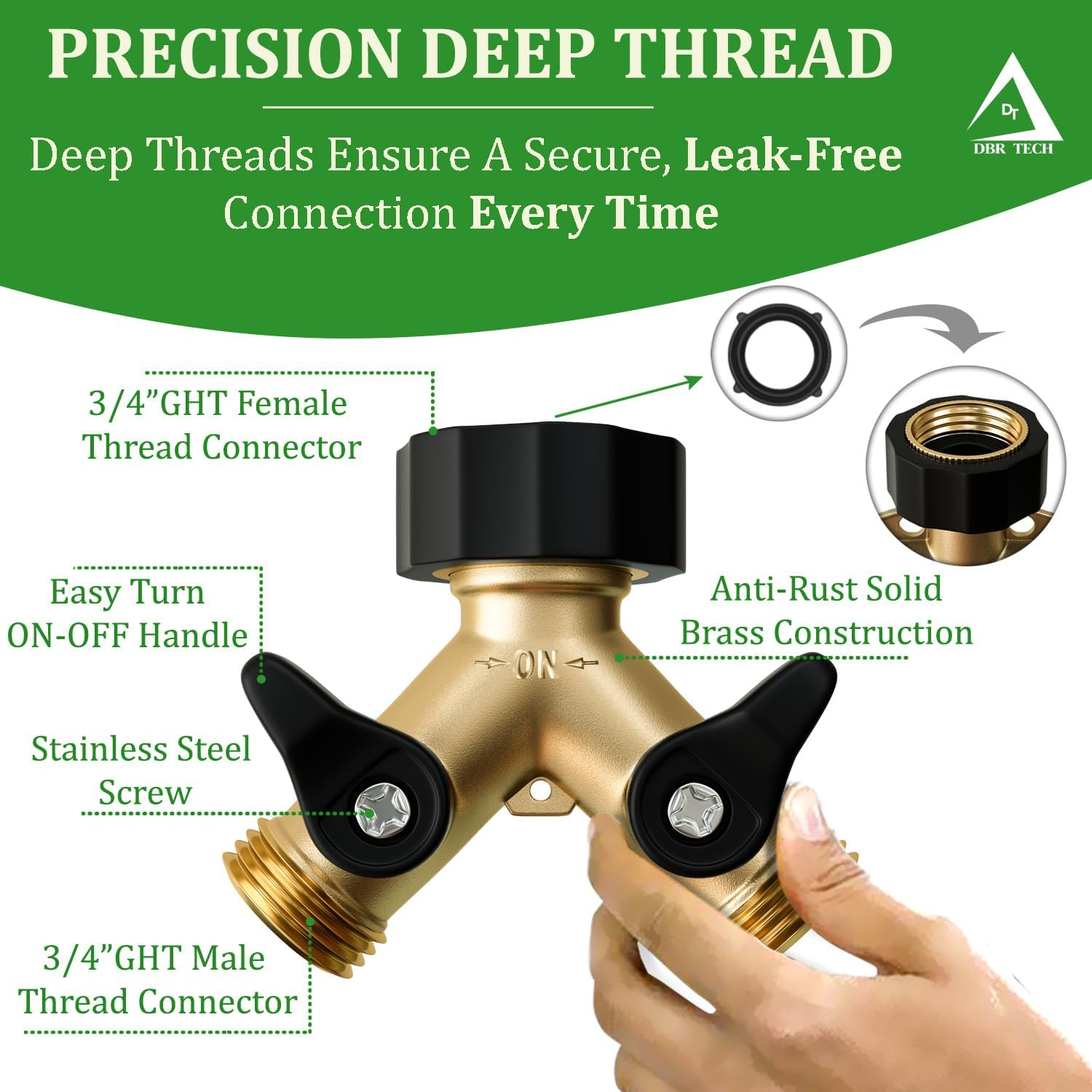 DBR Tech - Garden Hose Splitter 2 Way Lawn Garden Hose Splitter Heavy Duty Brass Tap Connector Leak Resistant Thread with Stop Valves image number 3