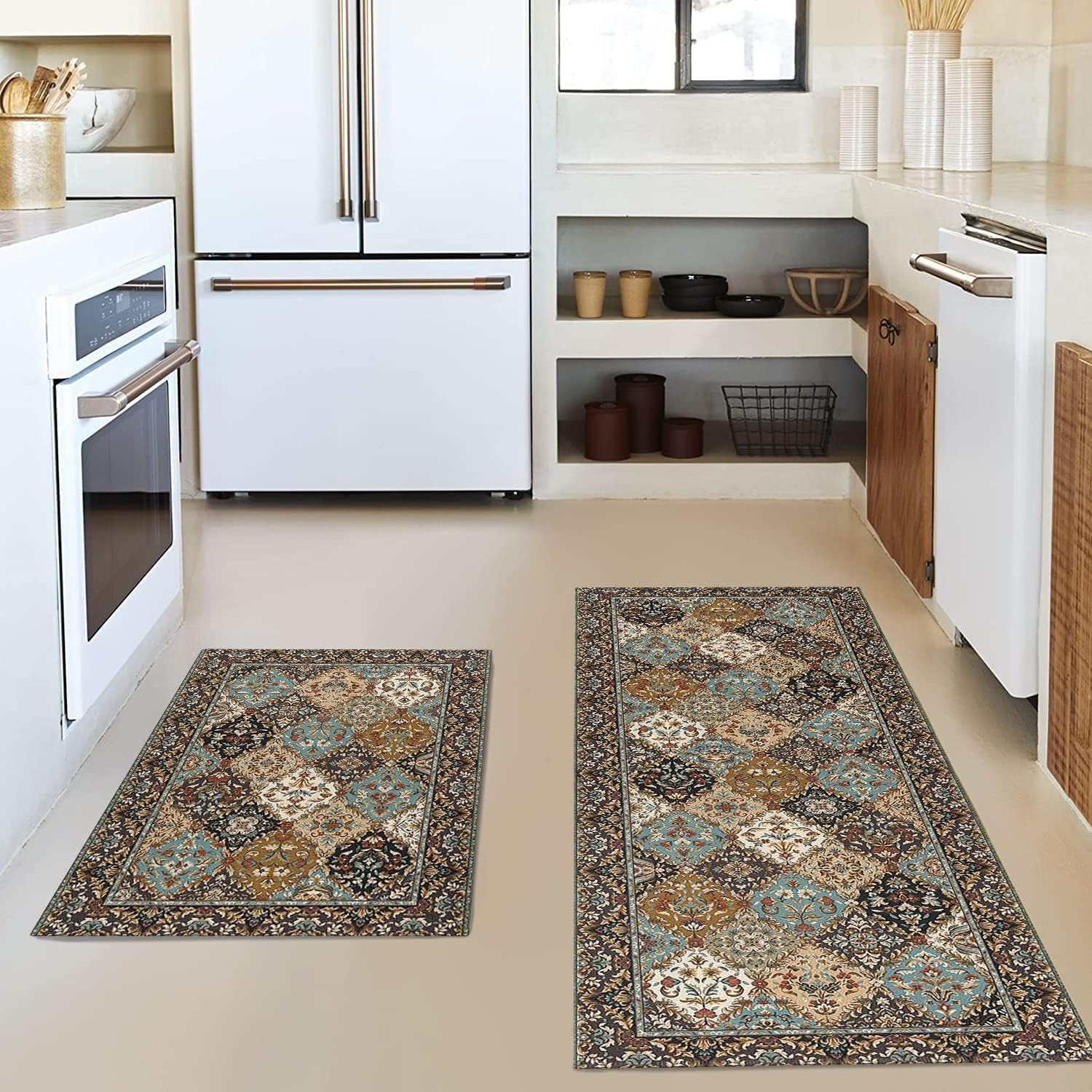 Kitchen Rug Mat, 2 Piece Country Rustic Kitchen Rugs, Boho Farmhouse Style Washable Non-Slip Kitchen Mats for Floor, Boho Kitchen Decor (Boho 2) image number 6