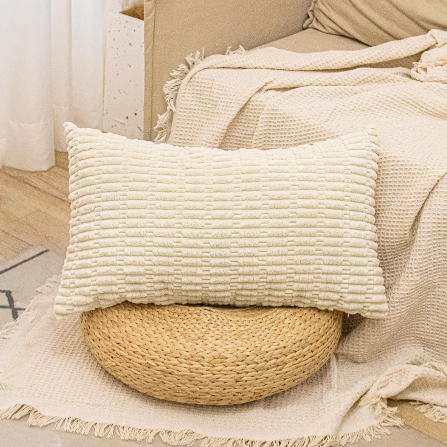 Textured Corduroy Lumbar Pillow Cover 14 X 36 Inch, Neutral Beige Decorative Chic Cozy Long Pillow Cover Soft Luxurious Pillow Case Home Decor for Sofa Bed Room Livingroom