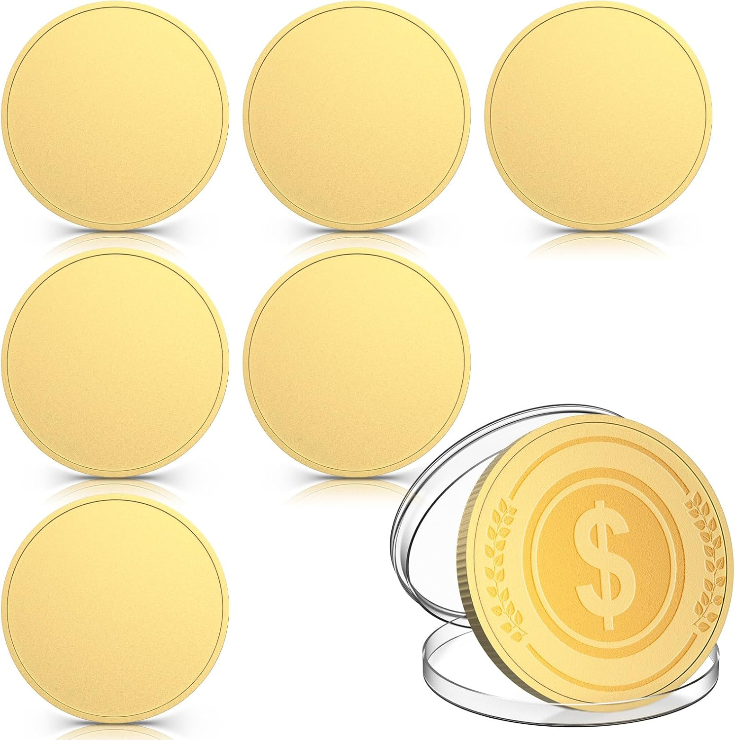 6 Pcs Blank Challenge Coin, Engraving Blanks Coins Threaded Edged 40 Mm with Acrylic Protection Box Laser Engravable Pattern for DIY Crafts Birthday Travel Commemorative Collection (Gold)