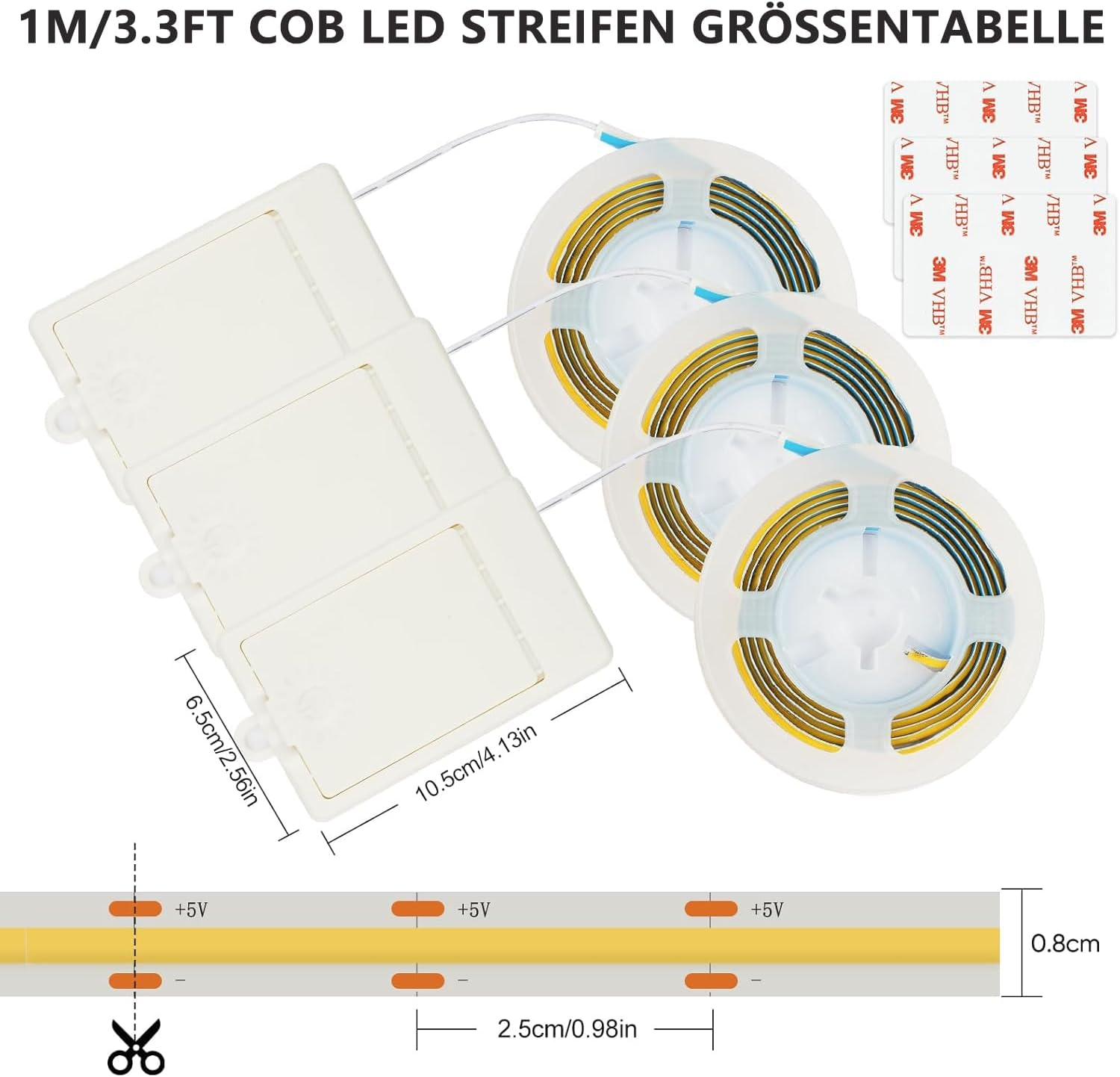 Pack of 3 COB LED Strips, Battery Operated, 1 M 320 LED Strip, 90+ Colour Rendering Efficiency, 6000 K Self-Adhesive Light Strip for Cupboards, Stairs, Beds, Laundry Room