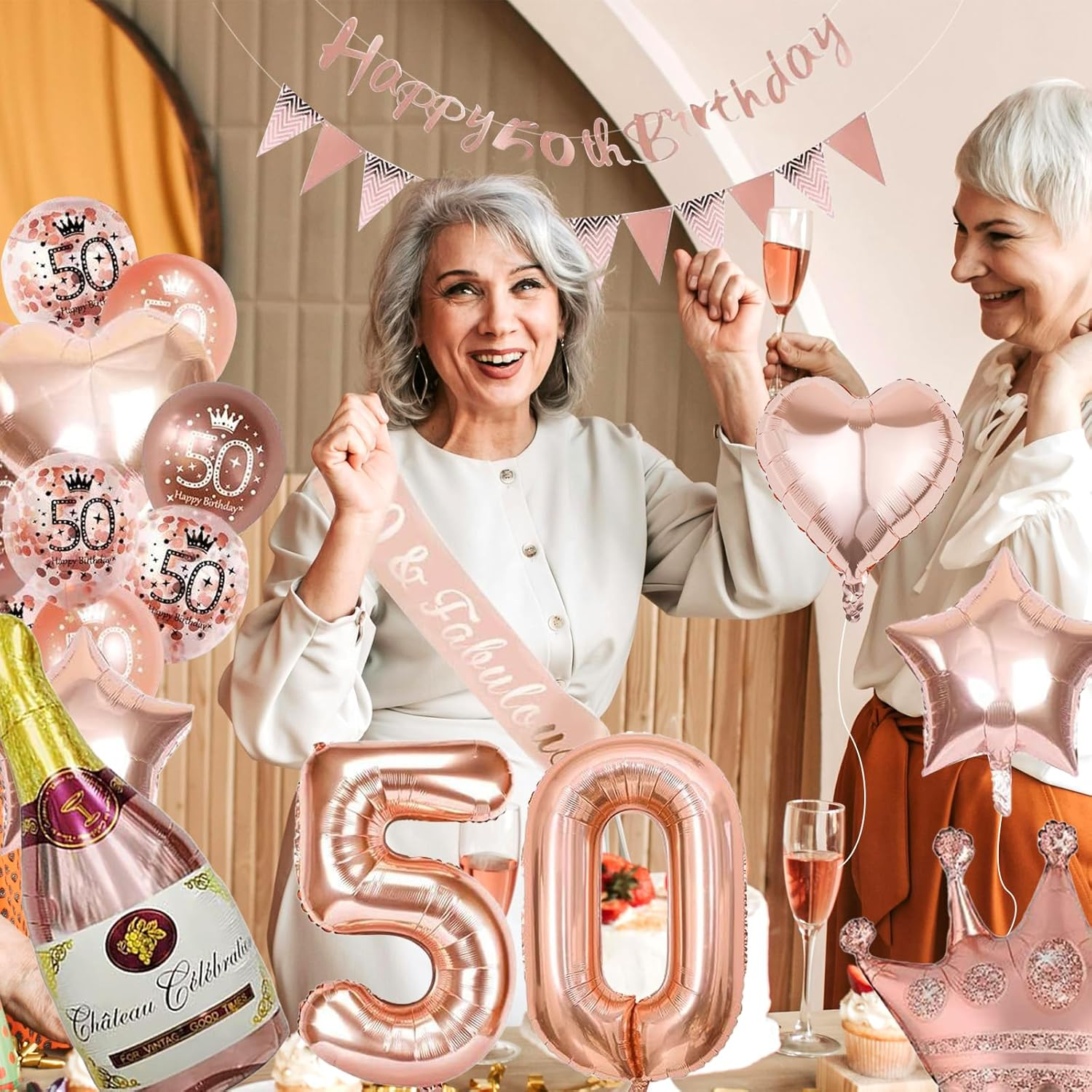 Xugoox 37 Pcs Rose Gold 50Th Birthday Decorations with Happy 50Th Birthday Banner, Rose Gold 50Th Birthday Balloons Star Heart Balloons, Cake Topper, Sash for Women 50 Years Old, Fifty Birthday Decor image number 5