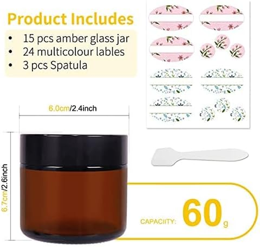Keketin 2 Oz Amber Glass Jars,15 Pack Empty Cosmetic Containers with Inner Liners and Black Lids,Refillable round Cream Jars for Lotion,Ointments,Bath Salts,Makeup,Slime and Travel image number 3