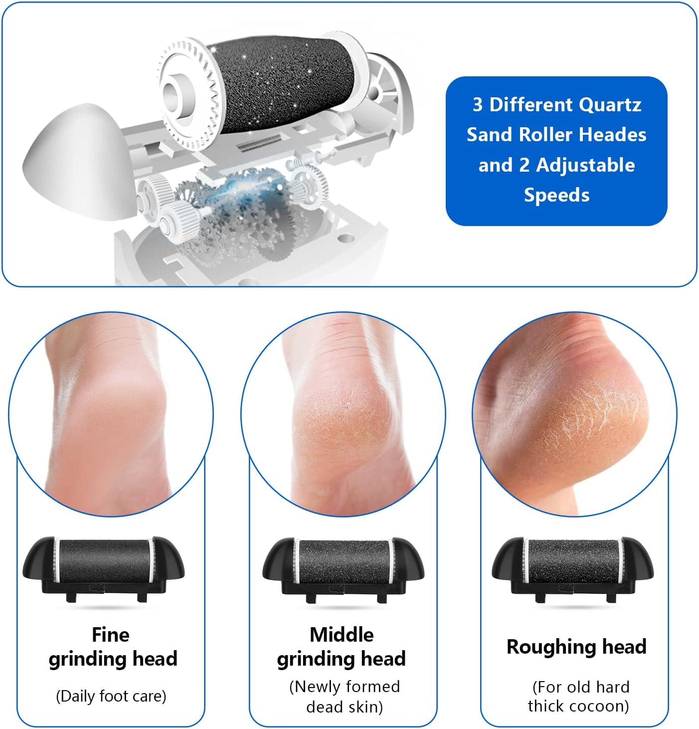 Electric Foot Callus Remover Kit, Elmchee Rechargeable Pedicure Tools Foot Care Feet File with 3 Roller Heads,2 Speed,Battery Display for Remove Cracked Heels Calluses and Dead Skin(Black) image number 3