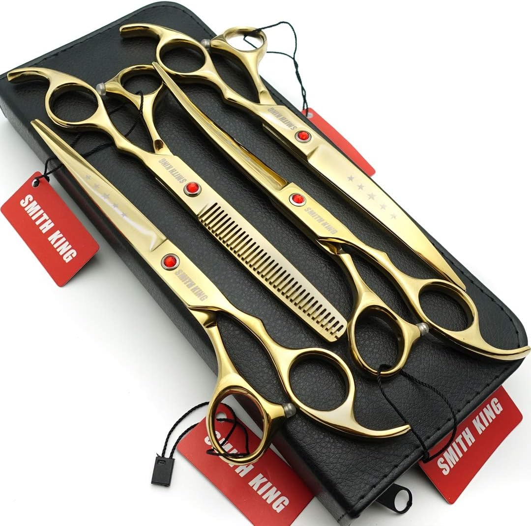 7.0 Inches Professional Dog Grooming Scissors Set Straight & Thinning & Curved 4Pcs in 1 Set (Silver)