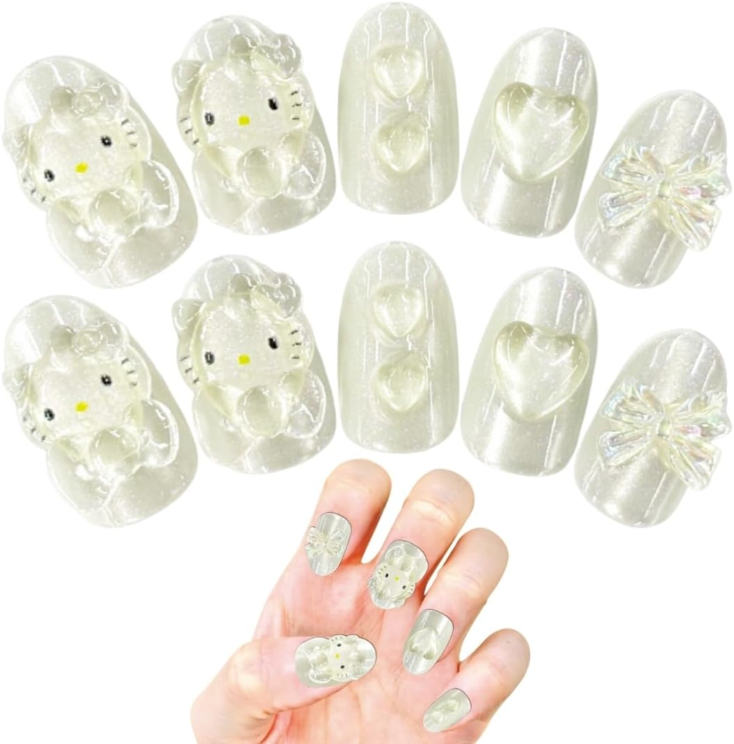 Sanrio Character Nail Tips, Hello Kitty, Leopard Pattern, Removable, 3D, Pack of 24, Short, Graduation, Stone, Nail Stickers, Stylish, Girls, Popular, Removable, Kids, Adults