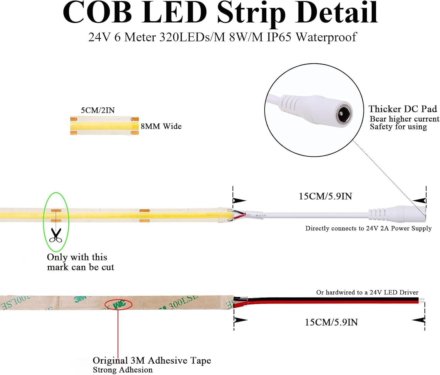 JOYLIT COB Indoor LED Strips 24V Natural White 4000K 6M 320Leds/M CRI 90+, Dimmable LED Strip Light for Indoor Decoration Bedroom Kitchen Wardrobe Shelf image number 4