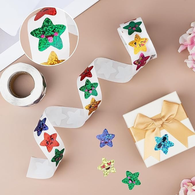 2Roll Smiling Star Stickers Sparkly Foil Small Star Stickers Roll,Smiling Star Stickers Sparkly Foil Stickers Roll,Small Incentive Sticker Self Adhesive Glitter Star Sticker Sparkly Star Sticker Roll image number 5