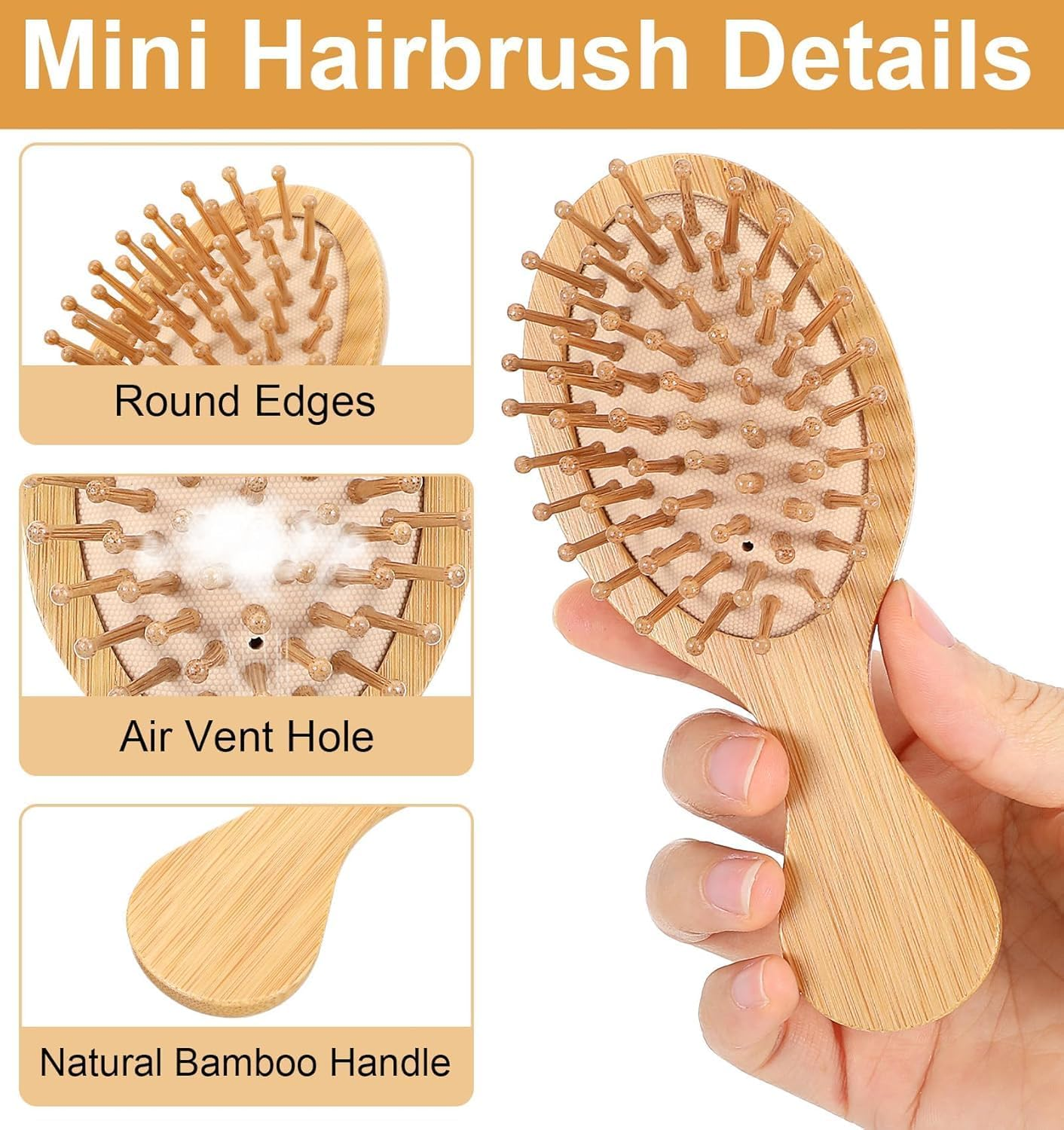 Mini Bamboo Brush, Wooden Brush for Hair Growth, Natural Bamboo Hairbrush with Cushion & Comfortable Handle for Travel, Small Wooden Hairbrush for Women Men All Hair Types (Log Color, One Size) image number 4